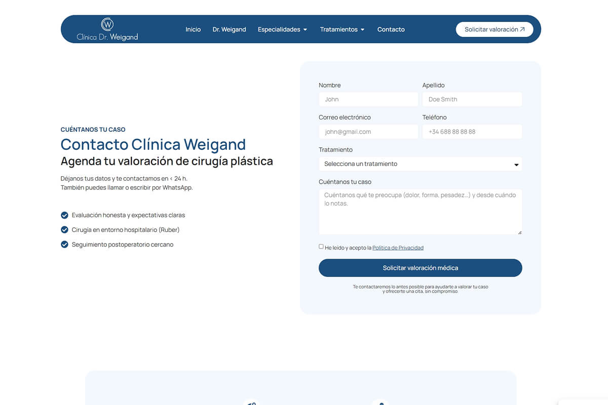 Diseño web para clínica estética contacto